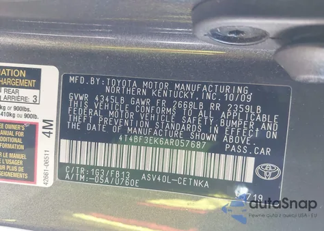 2010 Toyota Camry Le from USA, damaged, VIN 4T4BF3EK6AR057687